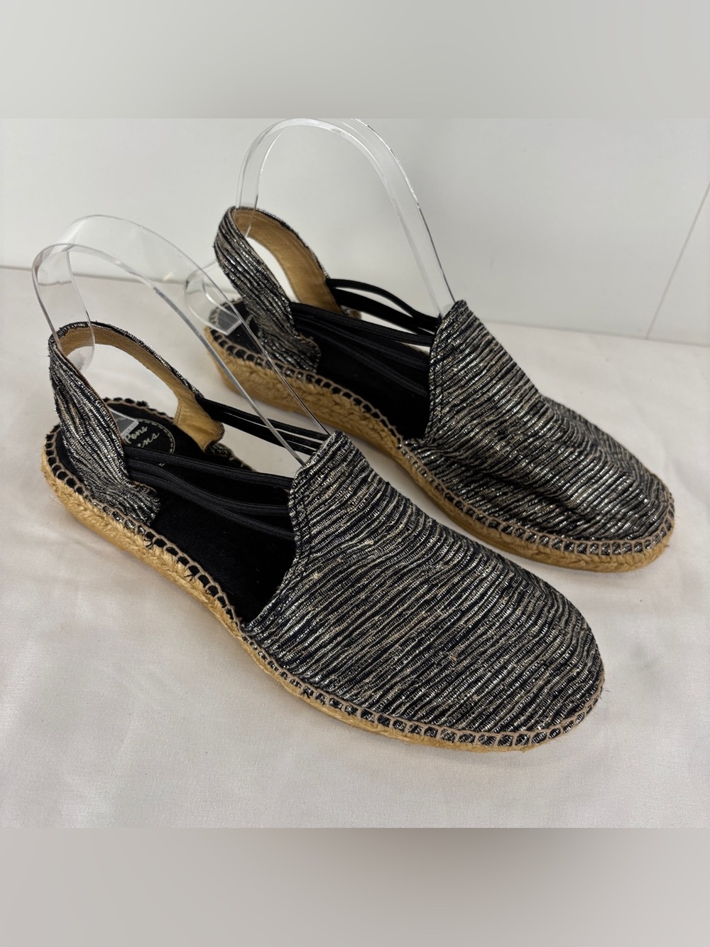 Toni Pons Noa Low Wedge Espadrilles Black Silver Fabric sz EU 39 / US 8-8.5
